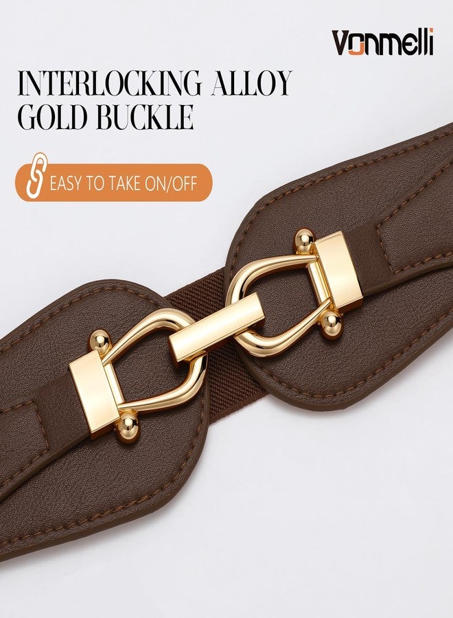 VONMELLI Wide Elastic Belts for Women Stretch Ladies Waist Belt Fashion Gold Buckle, Vintage Thick Coffee Womens Belts for Dress, M - Image 2